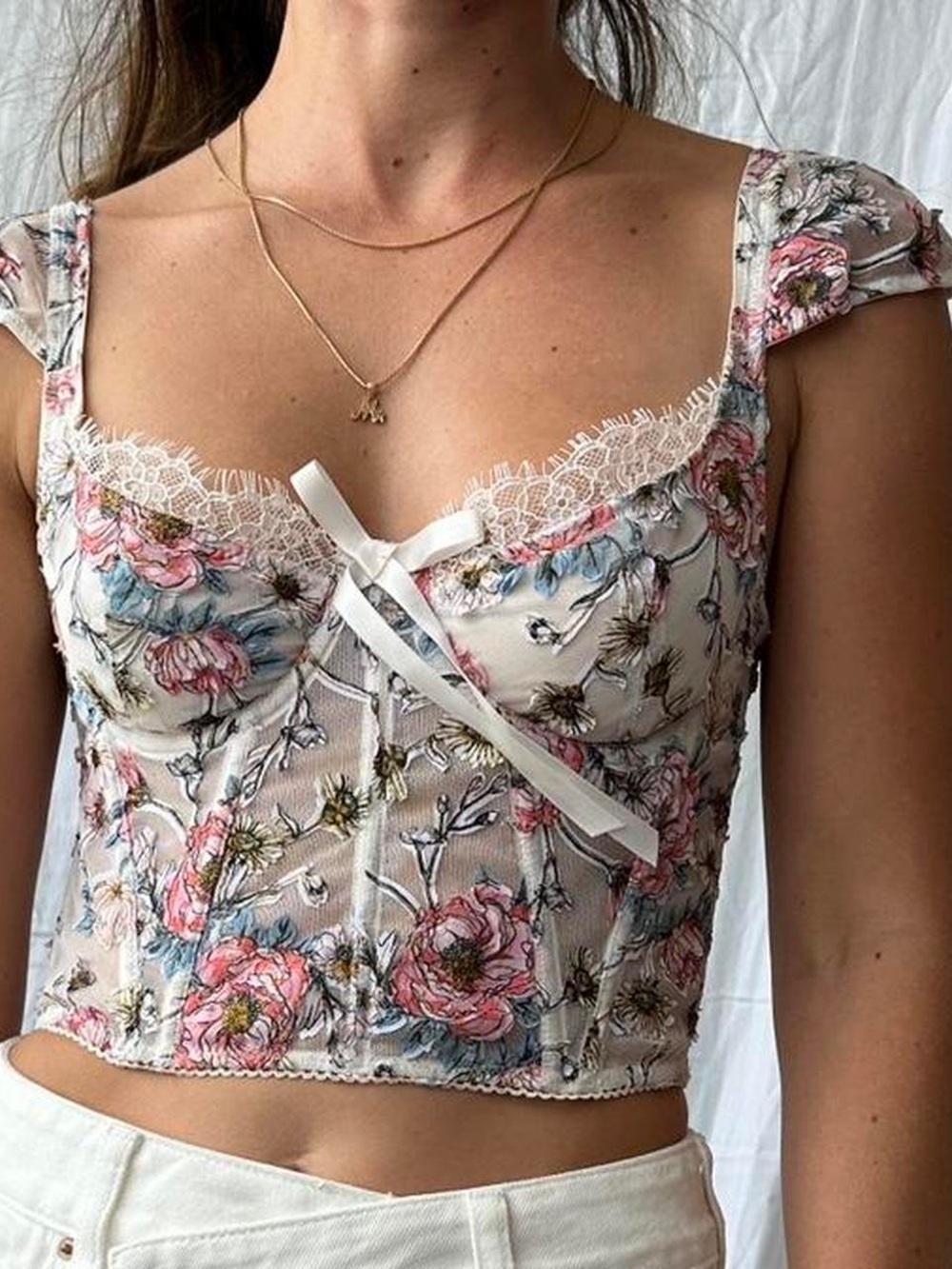 Viral Victoria’s secret Floral Lace Trim Cropped Bustier Top — Pink & Blue
